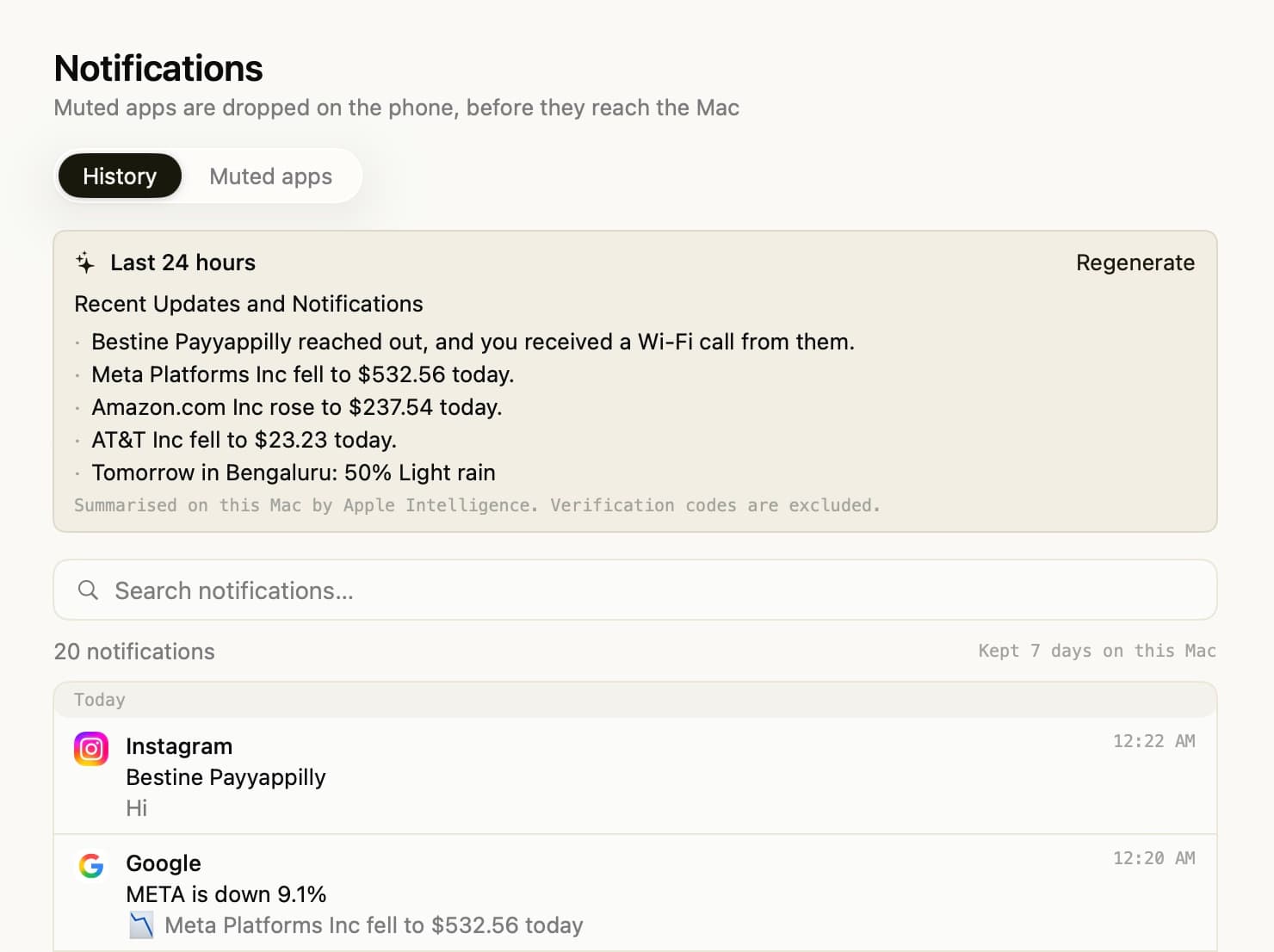 The Synced notifications pane on macOS: an Apple Intelligence summary of the last 24 hours above a searchable history of mirrored Android notifications, each with its source app's icon.